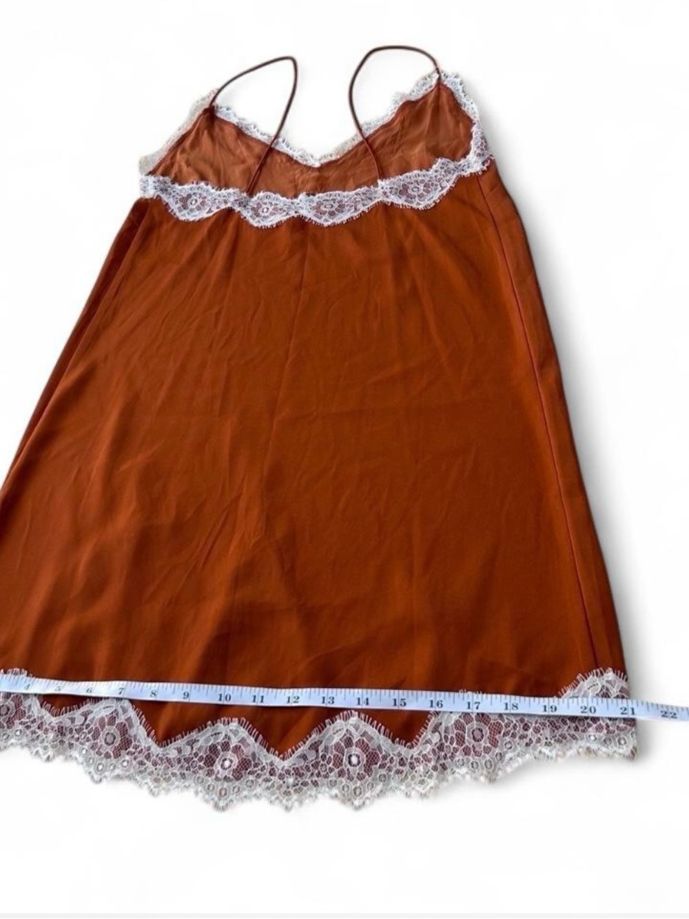 Burnt Orange Lace Shirt Slip Dress Cami White Eyelash Lace Trim Size Small - Picture 7 of 8